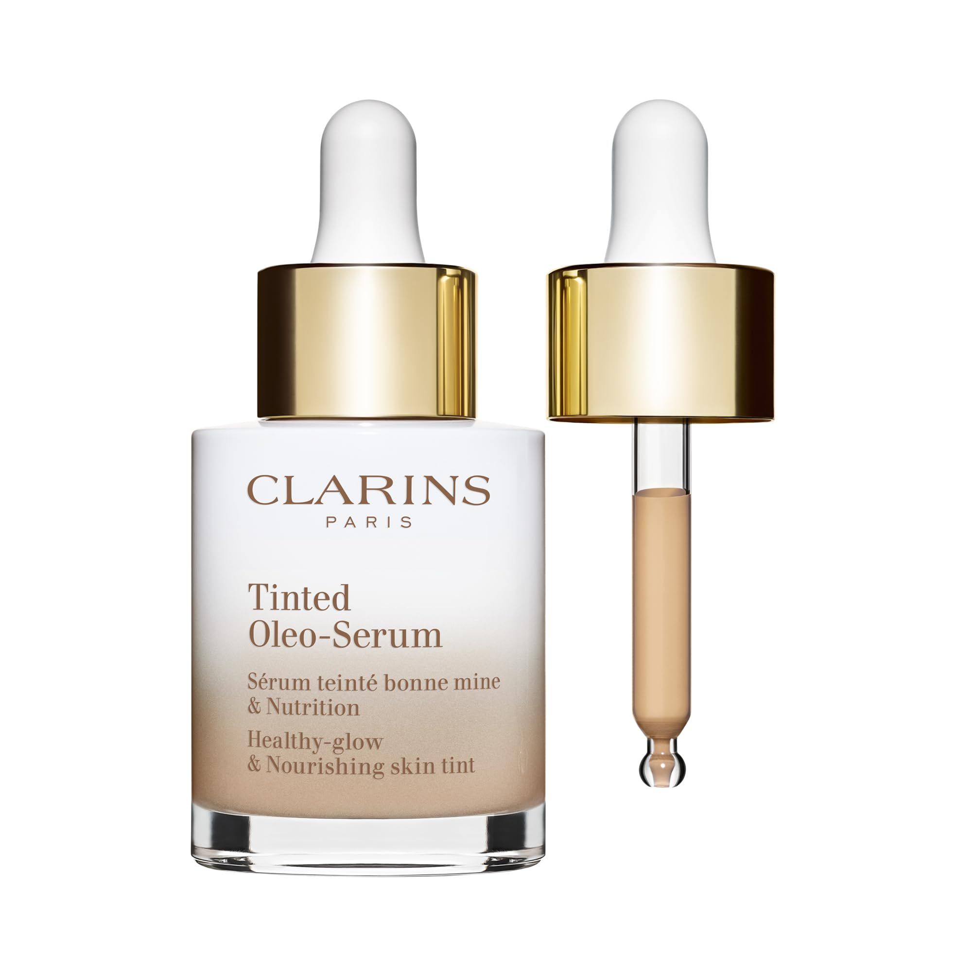 Clarins Tinted Oleo-Serum Flasche mit geöffneter Pipette. Weißes Glas, goldener Deckel. Pipette mit getönter Flüssigkeit. Text: Clarins Paris, Tinted Oleo-Serum.
