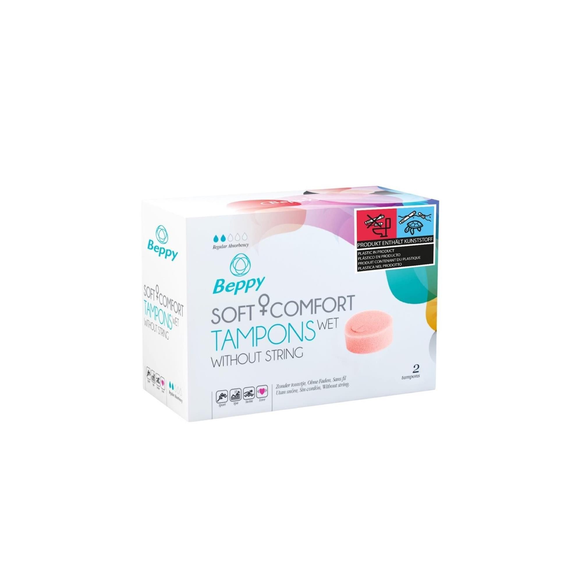 Weißer Karton mit Produktinformationen. Rosa Tampon abgebildet. Logo und Produktname: Beppy Soft & Comfort Tampons Wet.
