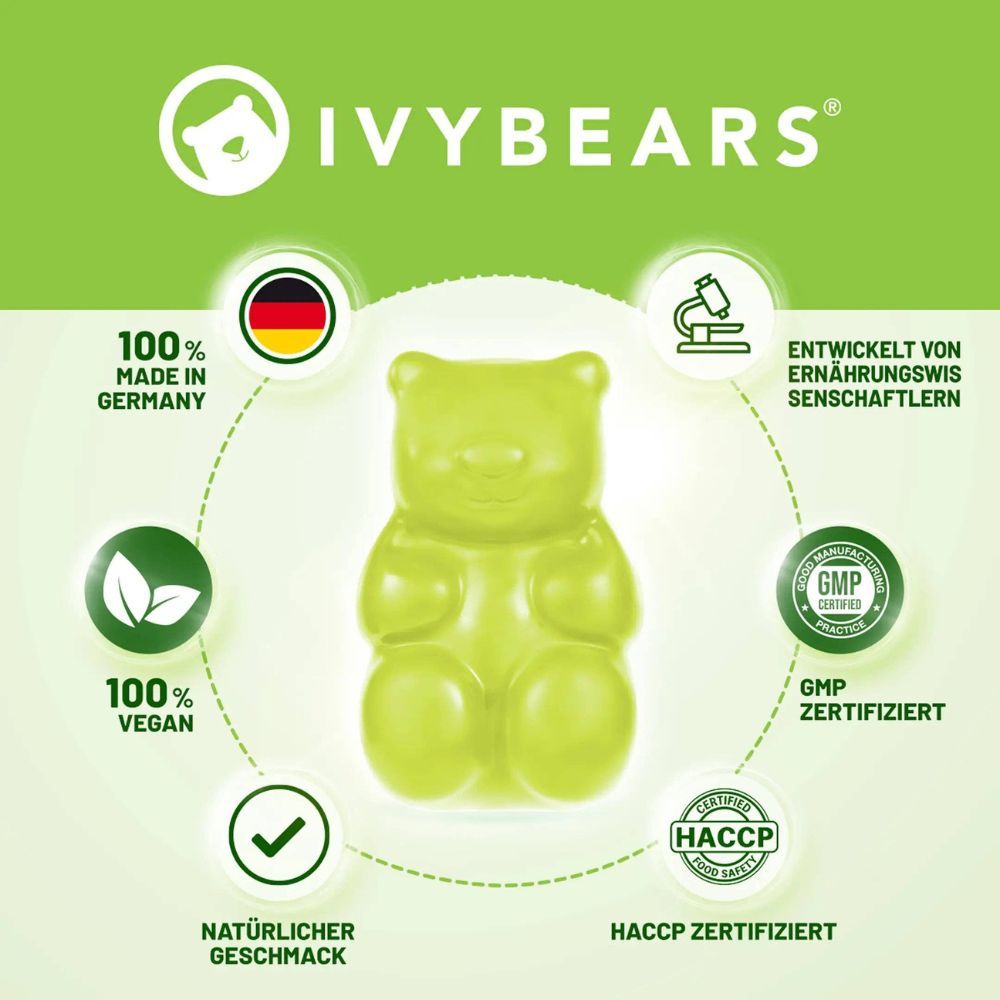 Grüner Gummibär zwischen Fingern. Texte: Apfelessig, Granatapfel Saftpulver, Rote-Beete Pulver, Folsäure. Text: Unterstützt das natürliche Gleichgewicht & allgemeines Wohlbefinden.