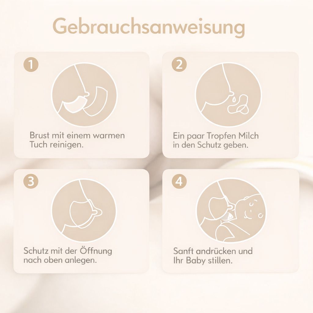 Anleitung in vier Schritten: Brust reinigen, Tropfen Milch, Schutz anlegen, sanft andrücken und stillen.