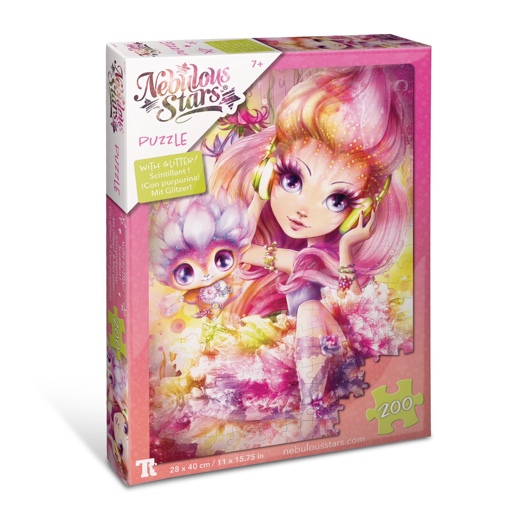 Puzzle-Box mit Illustration. Nebulous Stars-Logo. 200 Teile. Rosa und mehrfarbig. 28 x 40 cm.