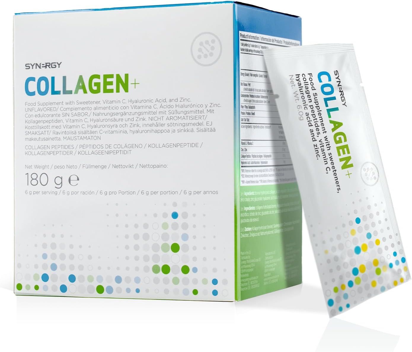 Karton und Beutel mit Collagen+. Text: Nahrungsergänzungsmittel mit Süßstoff, Vitamin C, Hyaluronsäure und Zink. 180 g.