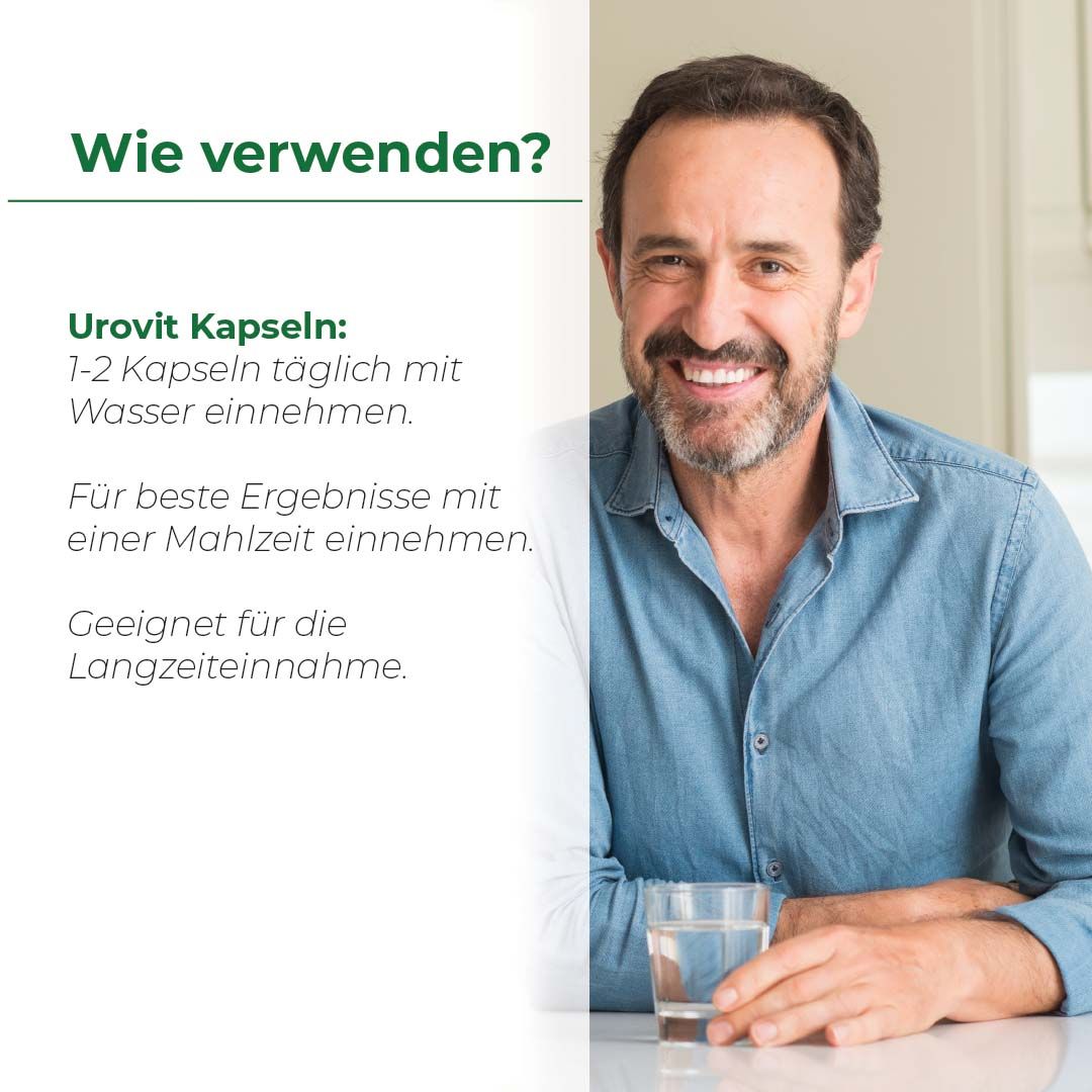 Mann lächelt. Text: Urovit Kapseln: 1-2 Kapseln täglich mit Wasser einnehmen. Geeignet für die Langzeiteinnahme.