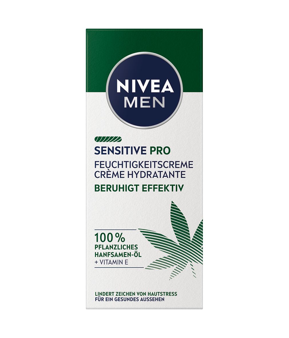 Verpackung der NIVEA MEN Sensitive Pro Feuchtigkeitscreme. Grün-weiß, Hanfblatt-Design, Produktname.