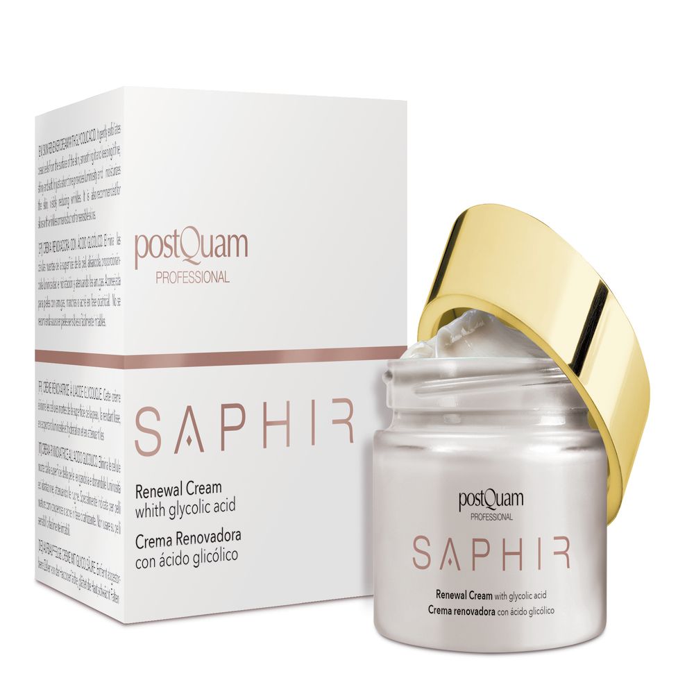 Creme-Tiegel mit goldfarbenem Deckel und Karton. Aufschrift: Postquam Saphir Renewal Cream. Vegan- und dermatologisch getestet.