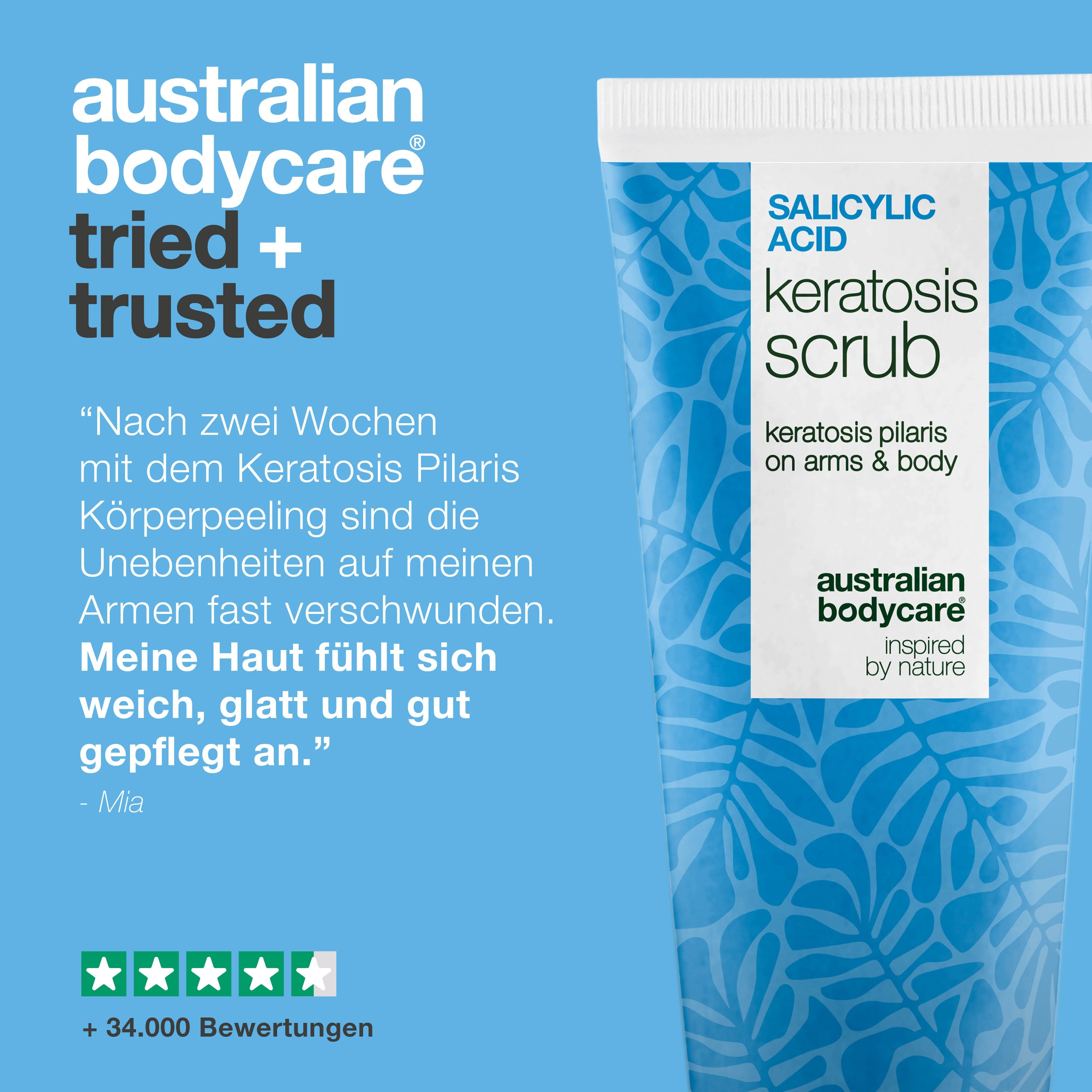 Produkt-Tube mit Text: Salicylsäure Keratosis Scrub. Marke: Australian Bodycare. Zitat: Mia. +34.000 Bewertungen.