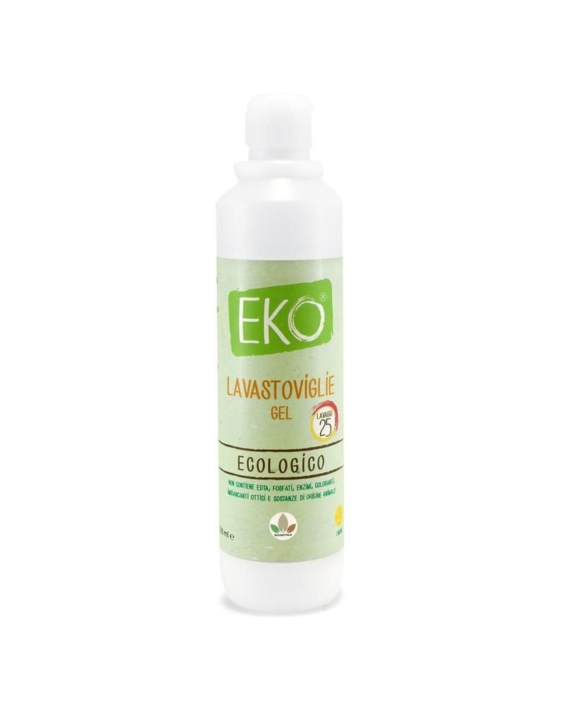 Una bottiglia di gel lavastoviglie Eko, un detersivo ecologico. La bottiglia è bianca con un'etichetta verde che mostra il marchio Eko e le informazioni sul prodotto. Adatto per 25 lavaggi.