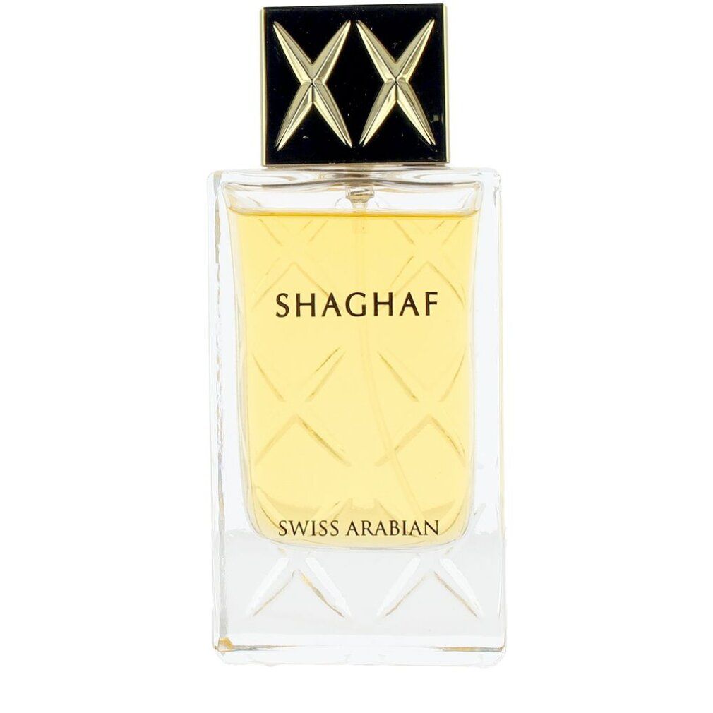Parfümflasche mit goldfarbenem Verschluss. "Shaghaf" und "Swiss Arabian" auf dem Flakon sichtbar.