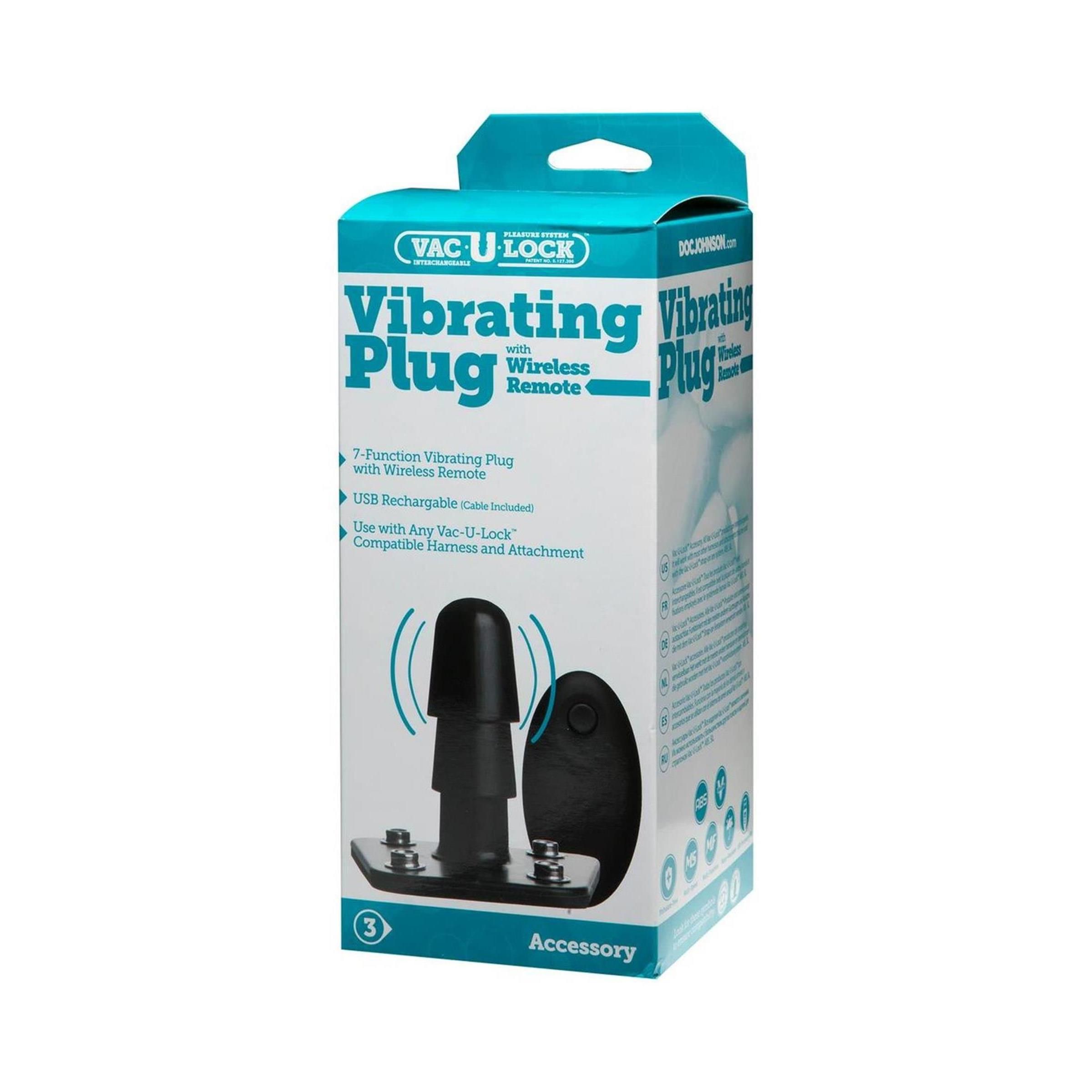 Verpackung mit Vibrations-Plug und Fernbedienung. Text: Vibrating Plug, Wireless Remote. Zubehör.