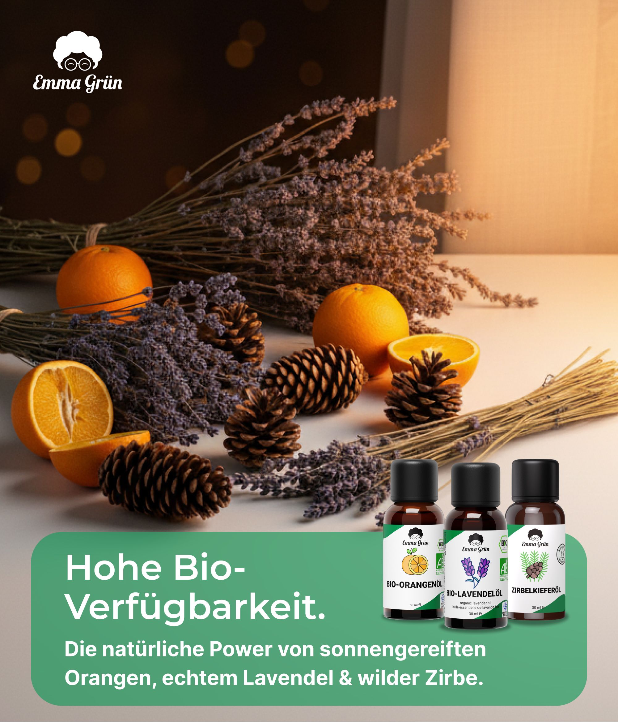 Drei Flaschen mit Produktnamen und Logo. Orangen, Lavendel und Tannenzapfen liegen daneben. Text über Bio-Verfügbarkeit.