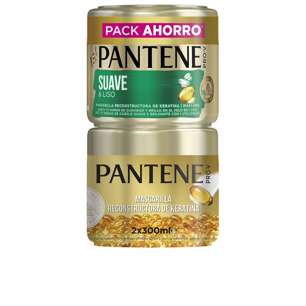 Zwei goldfarbene Tiegel, übereinander gestapelt. Aufschrift: PANTENE PRO-V, SUAVE & LISO, Mascarilla Reconstructora de Keratina. 2x300ml.