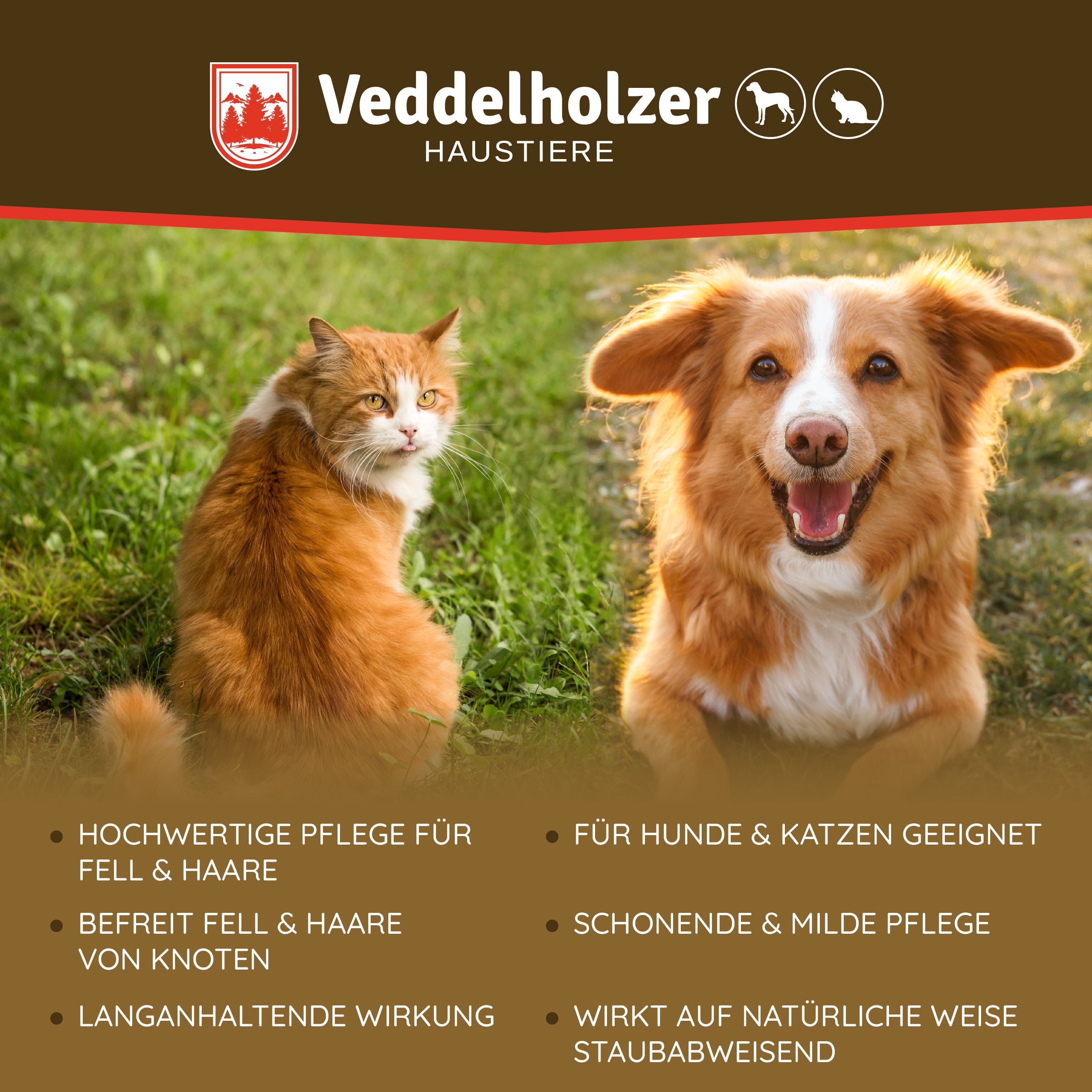 Hund und Katze auf grünem Gras. Text: "Hochwertige Pflege für Fell & Haare", "Für Hunde & Katzen geeignet", "Befreit Fell & Haare von Knoten".