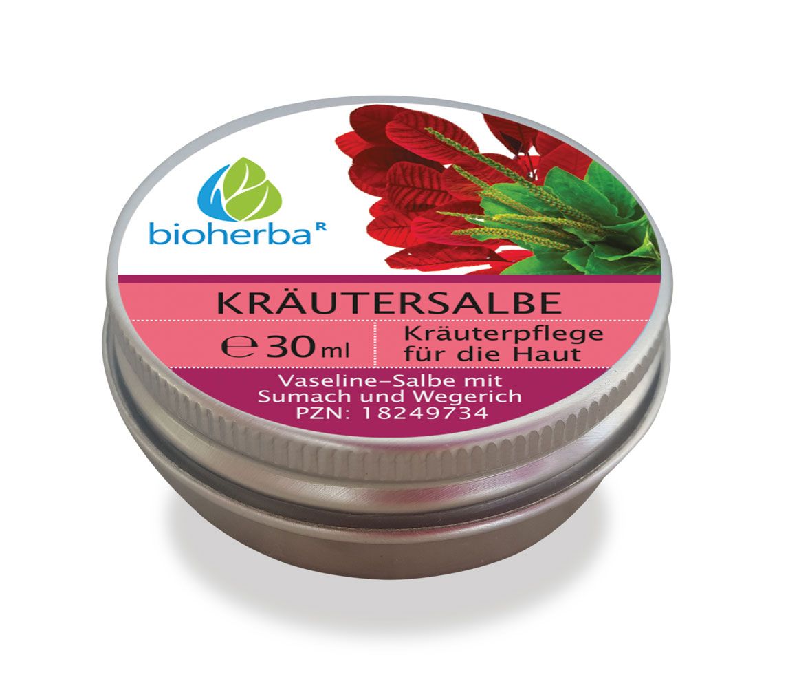Runde Dose Kräutersalbe. Aufschrift: Kräutersalbe, Vaseline-Salbe mit Sumach und Wegerich. Marke: bioherba. PZN: 18249734.