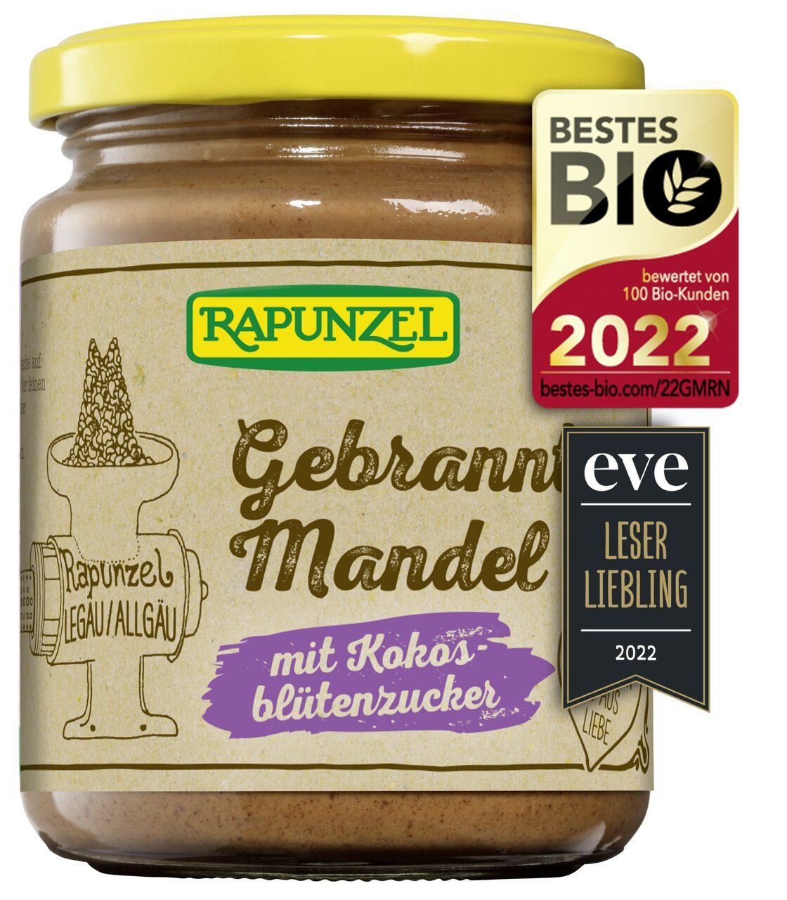 Rapunzel Gebrannte Mandel Aufstrich mit Kokosblütenzucker im Glas, mit Bio-Siegeln.