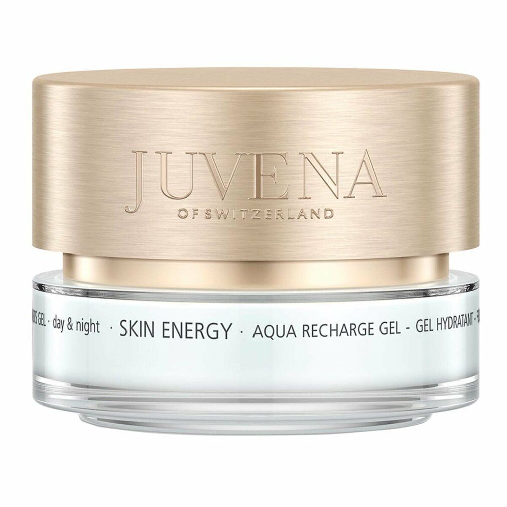 Cremebehälter mit goldfarbenem Deckel. Aufschrift: Juvena of Switzerland. Produktbezeichnung: Aqua Recharge Gel.