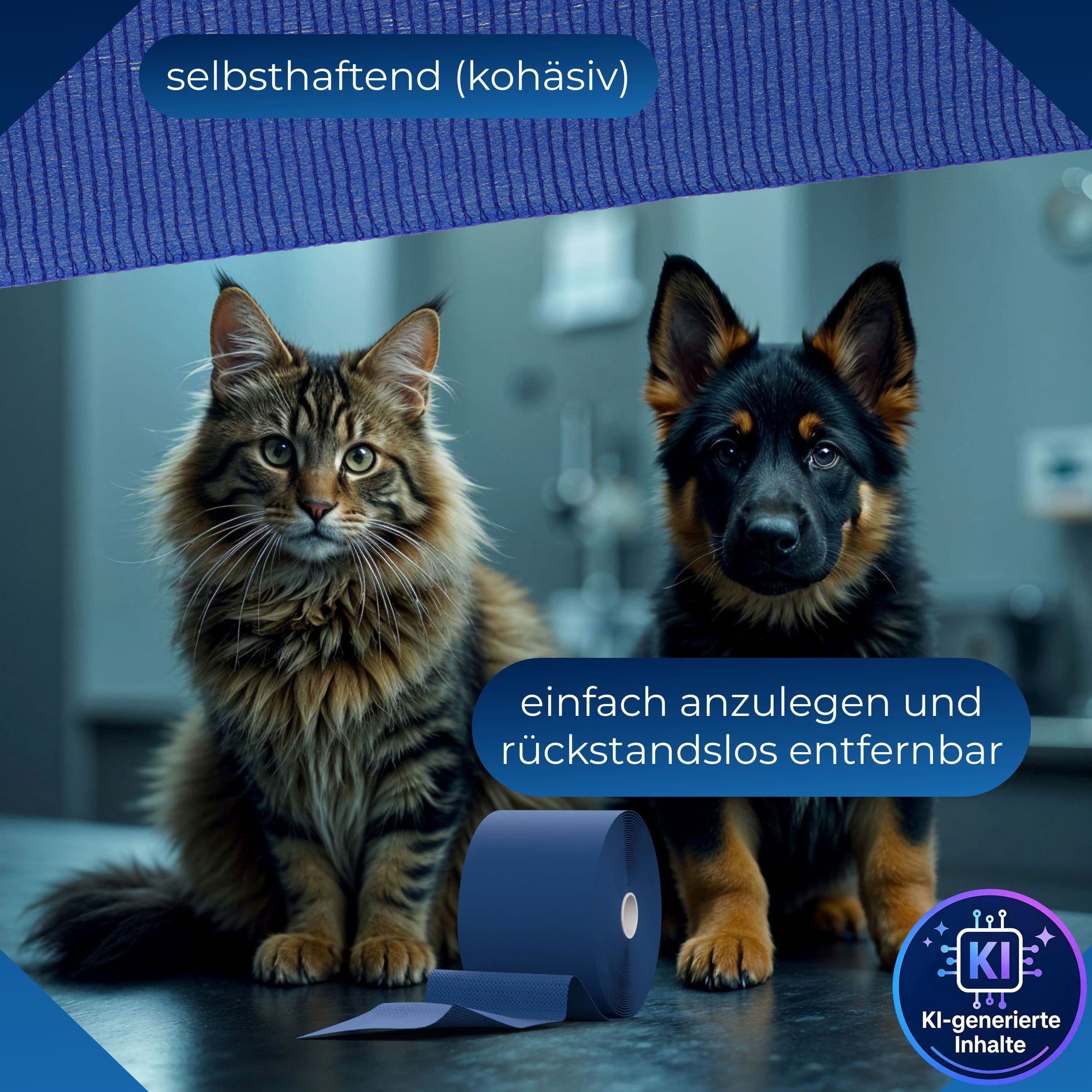Selbsthaftende blaue Fixierbinde mit Hund und Katze. Einfach anzulegen.