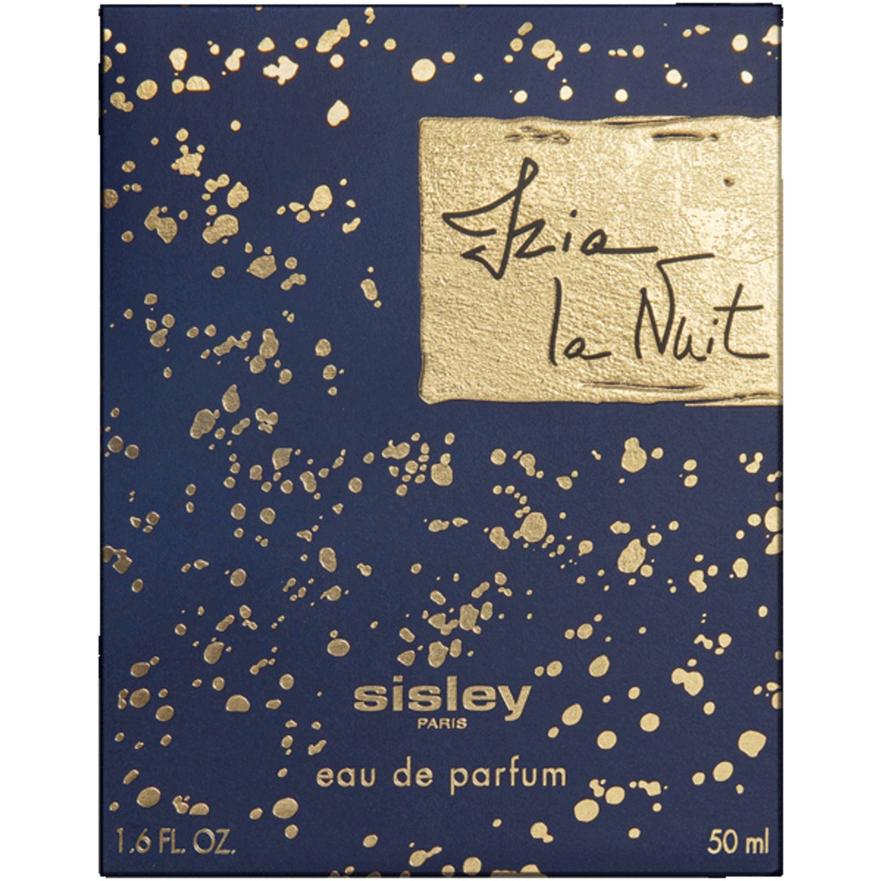 Dunkelblaue Verpackung mit goldenen Details. Aufschrift Izia la Nuit, Sisley, Eau de Parfum.