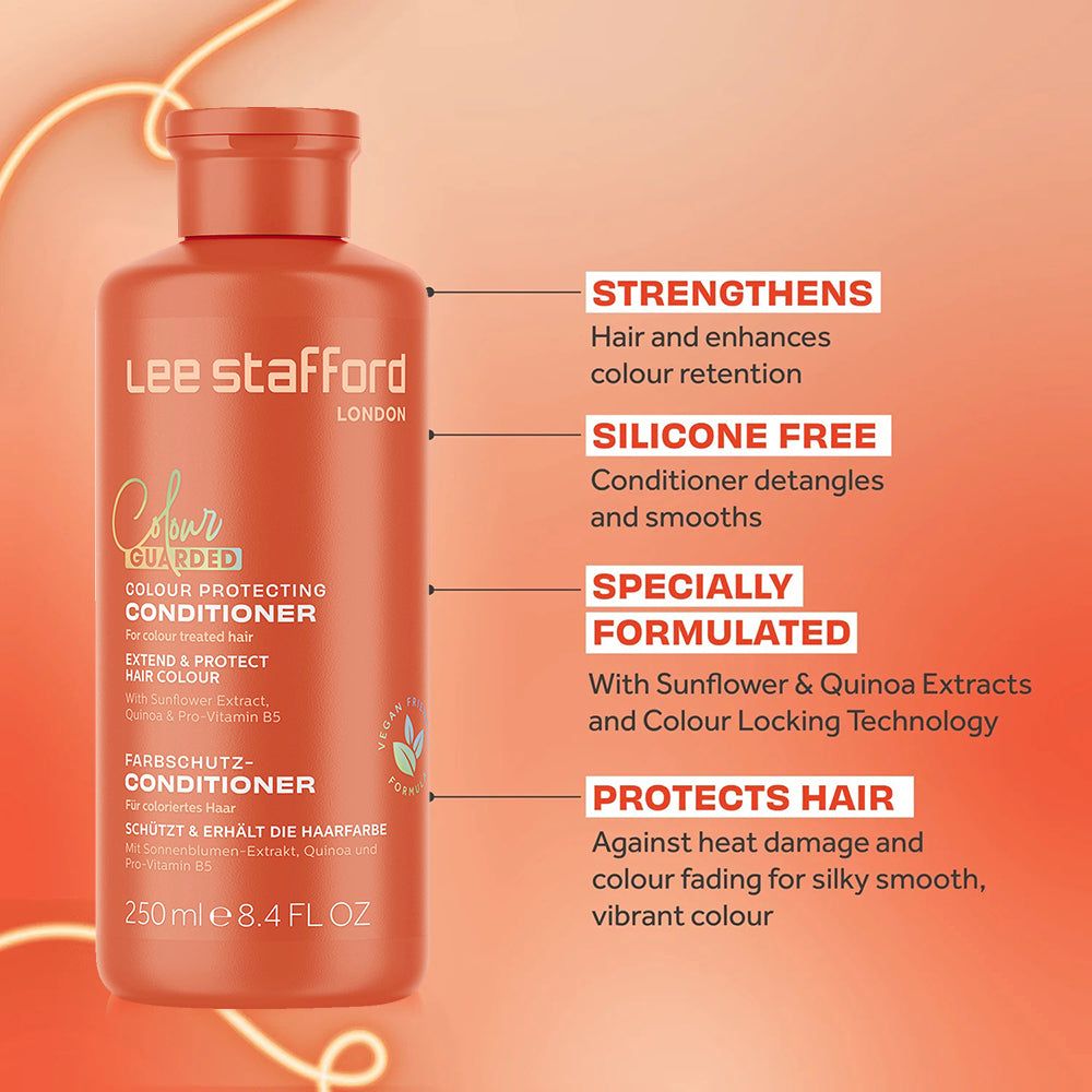 Orange Flasche Lee Stafford Colour Guarded Conditioner mit Hervorhebungen zu Stärkung und Silikonfreiheit.