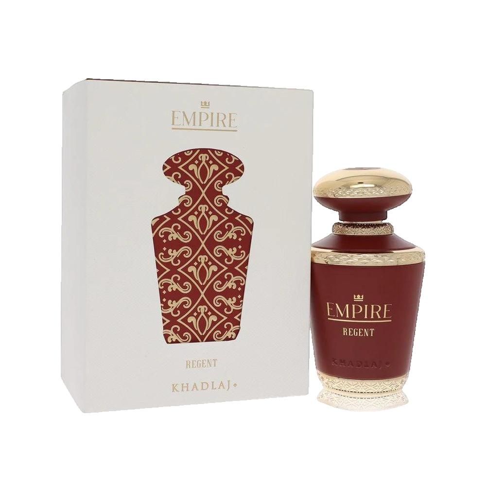 Parfümflakon und Verpackung. Flakon rot mit goldfarbenem Deckel. Verpackung weiß mit rotem Muster und Schriftzug.