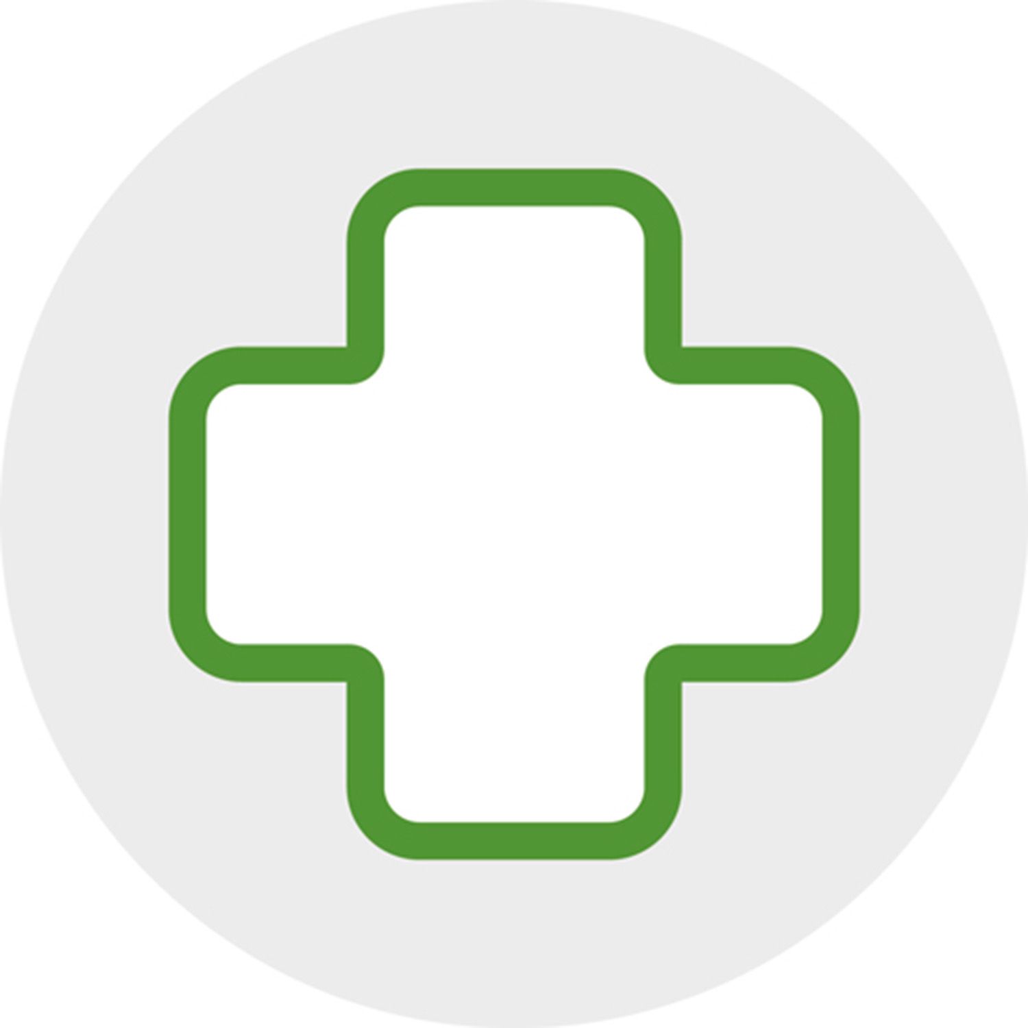 Grünes medizinisches Kreuz auf weißem Kreis als Symbol für Gesundheit.