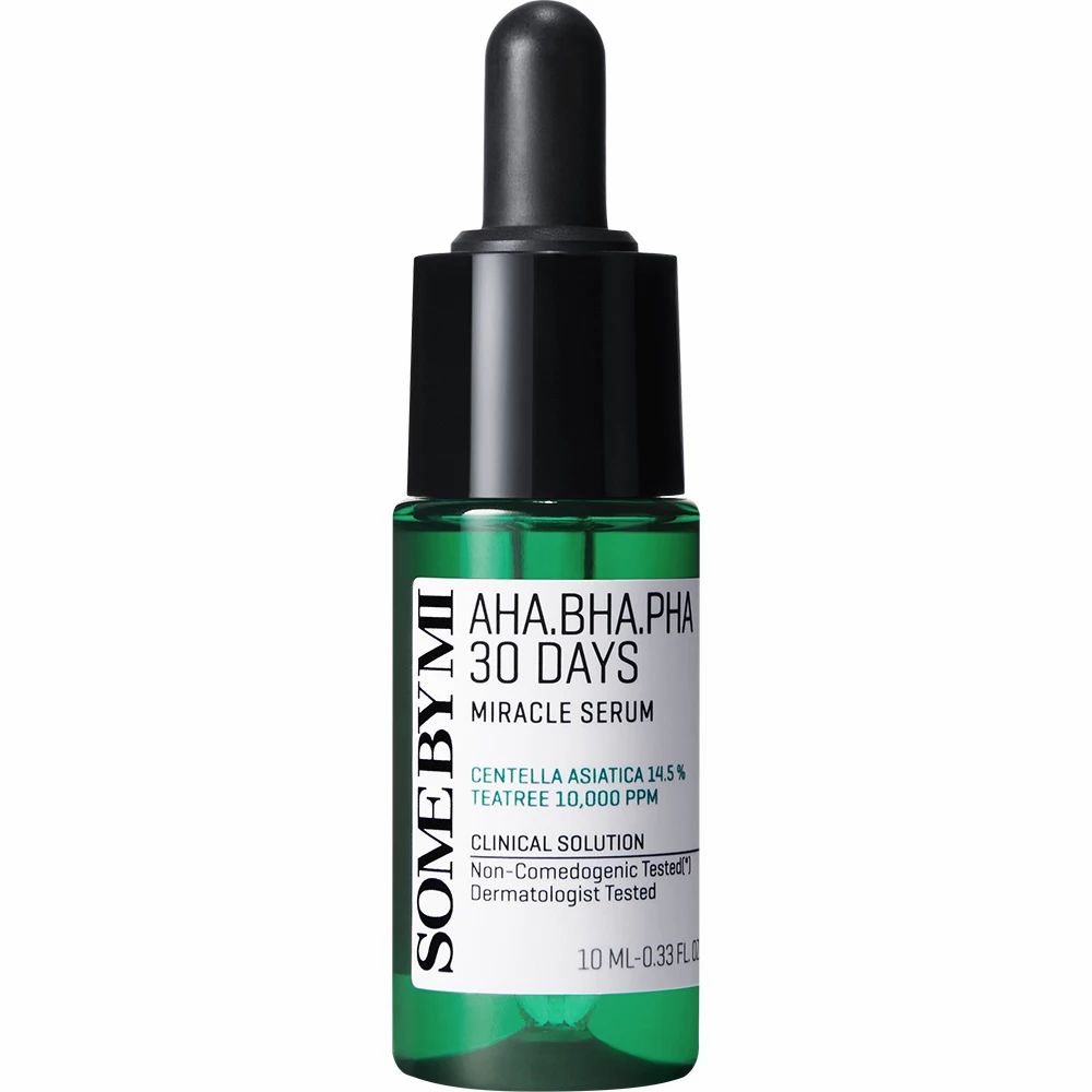 Kleine grüne Flasche mit schwarzem Deckel und Pipette. Aufschrift AHA.BHA.PHA 30 DAYS MIRACLE SERUM und SOME BY MI.