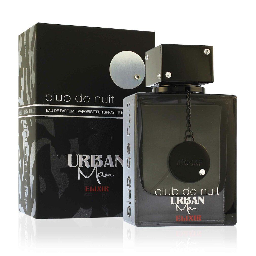 Schwarzer Flakon mit schwarzer Verpackung. Aufschrift: Club de Nuit Urban Man Elixir. Flakon mit Kette und Anhänger.