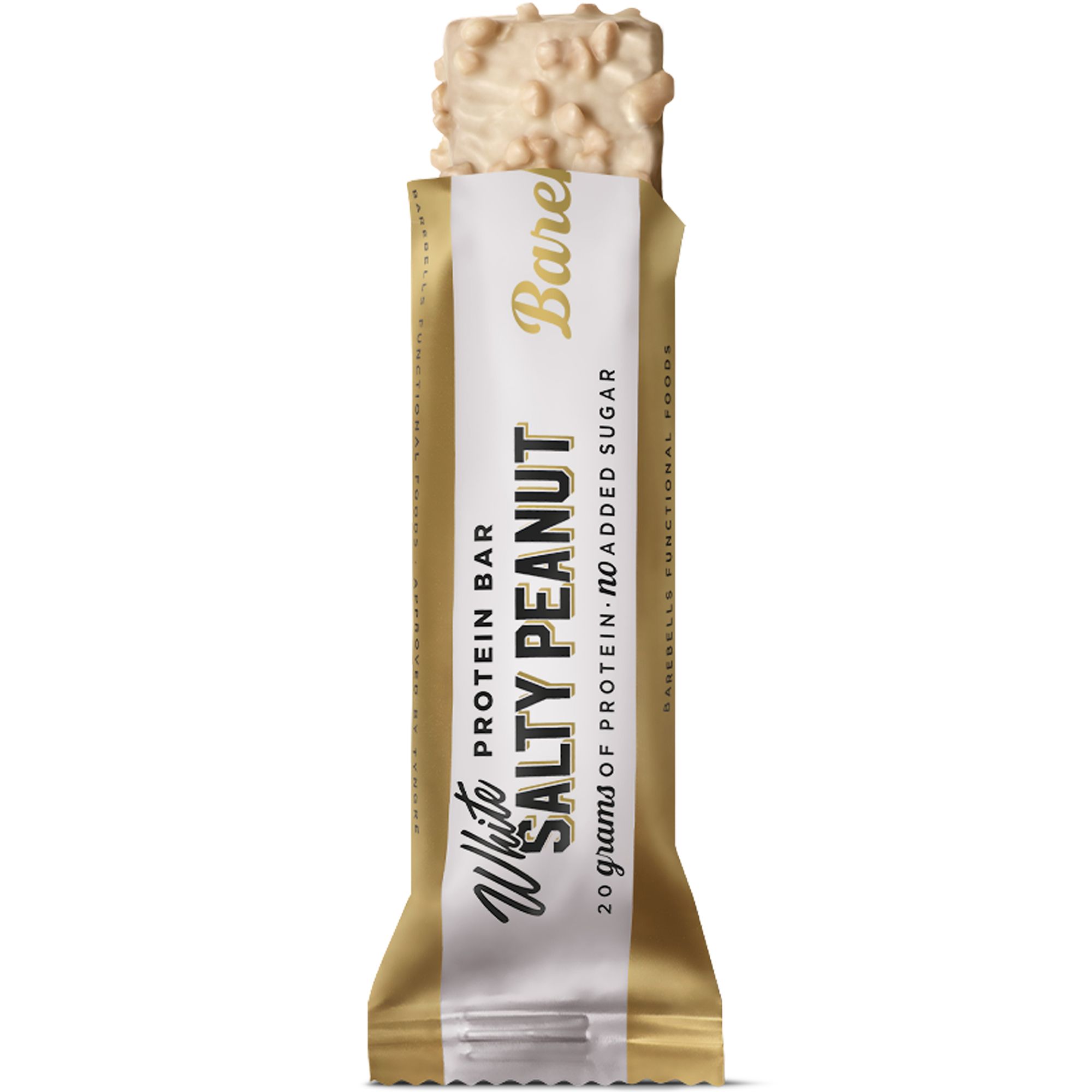 Barebells Proteinriegel, "White Salty Peanut", teilweise geöffnet. Goldene Verpackung, Riegel mit Erdnüssen und weißer Schokolade.