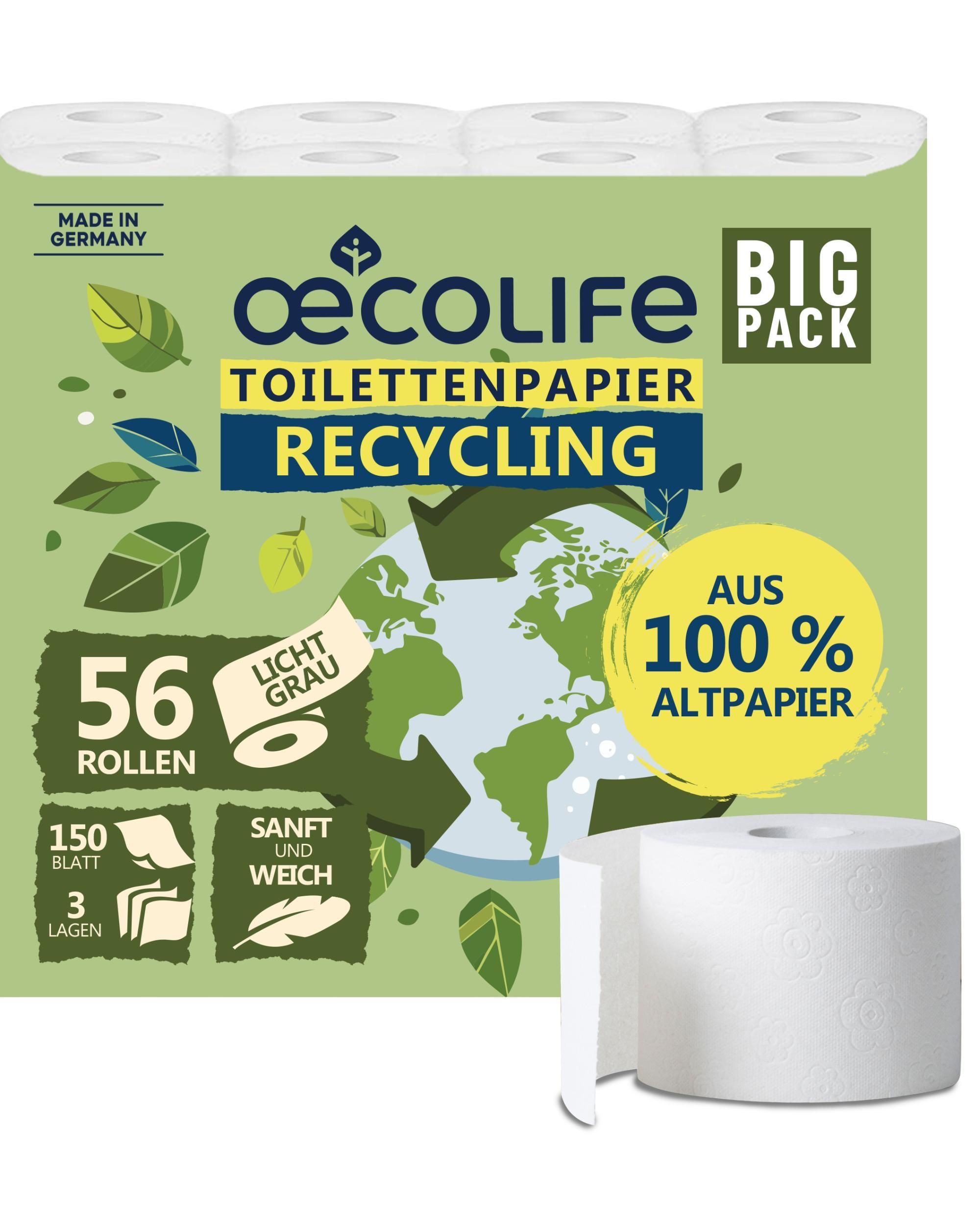 Packung Toilettenpapier, oecolife Toilettenpapier RECYCLING BIG PACK. 56 Rollen, 150 Blatt, 3 Lagen. Aus 100% Altpapier.