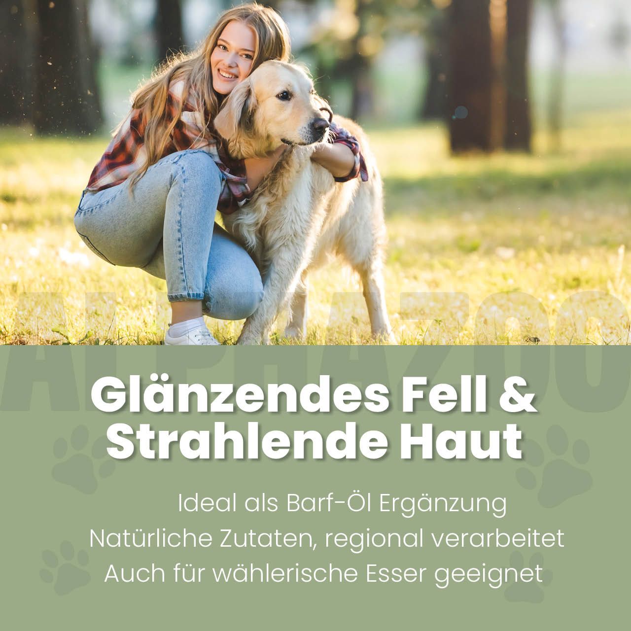 Frau umarmt Golden Retriever. Text: Glänzendes Fell & strahlende Haut. Ideal als Barf-Öl Ergänzung.