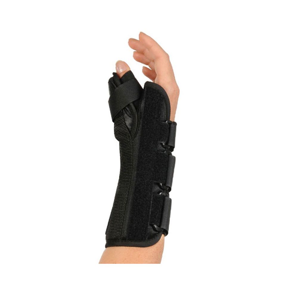 Schwarze Handgelenkorthese mit Daumenunterstützung und Klettverschlüssen.