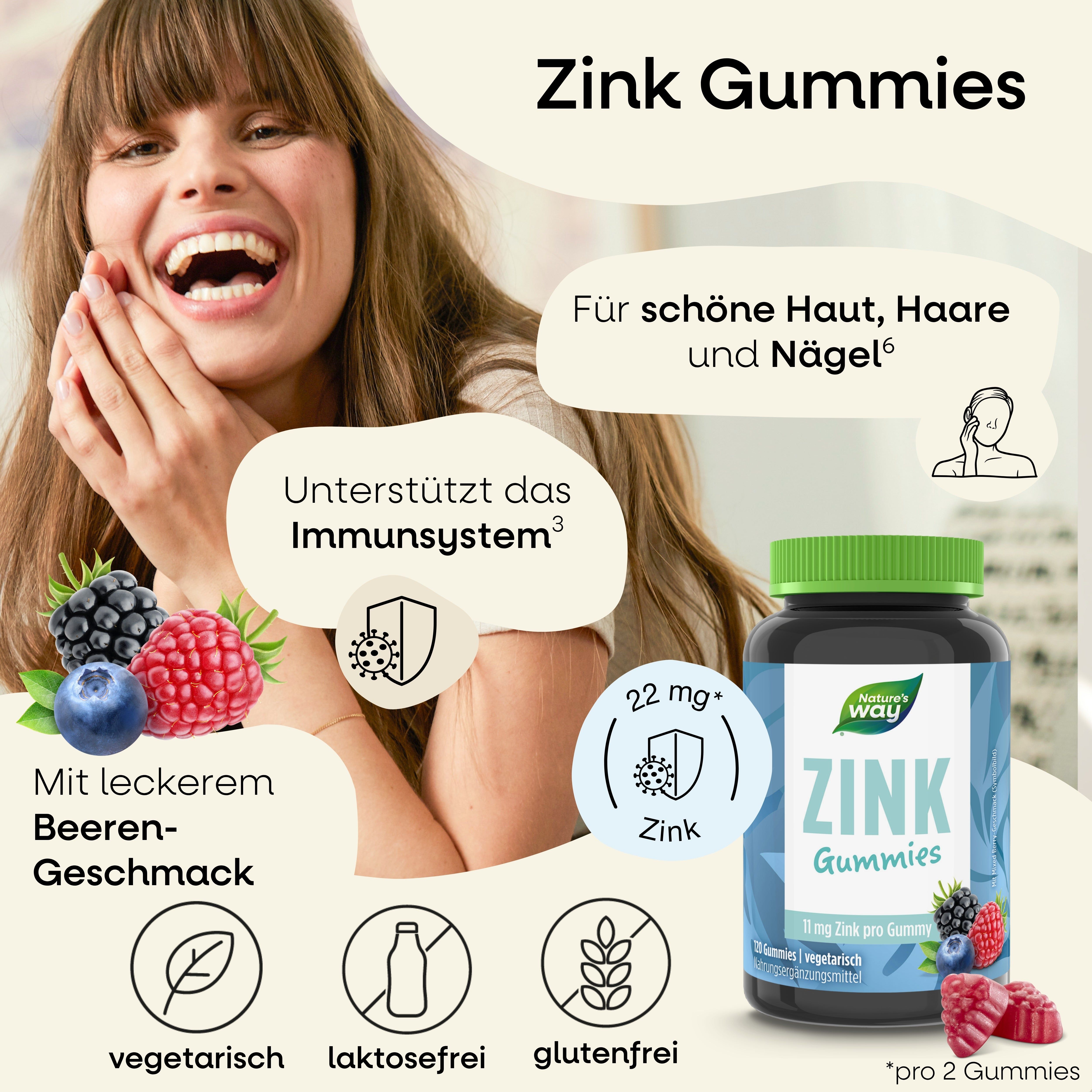 Eine Flasche Zink Gummies. Auf der Flasche steht Nature's Way. Auf der Flasche steht auch: 22 mg Zink. Es gibt auch Informationen über die Dosierung.
