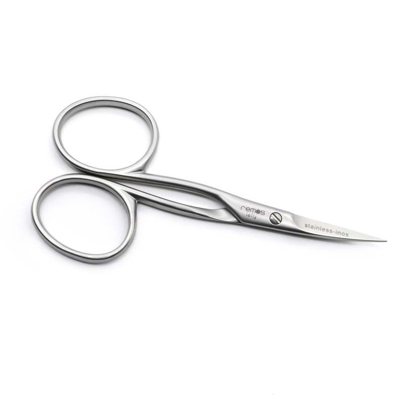 Nagelschere für Linkshänder aus Metall, mit abgerundeten Spitzen. Aufschrift: remos stainless-inox.