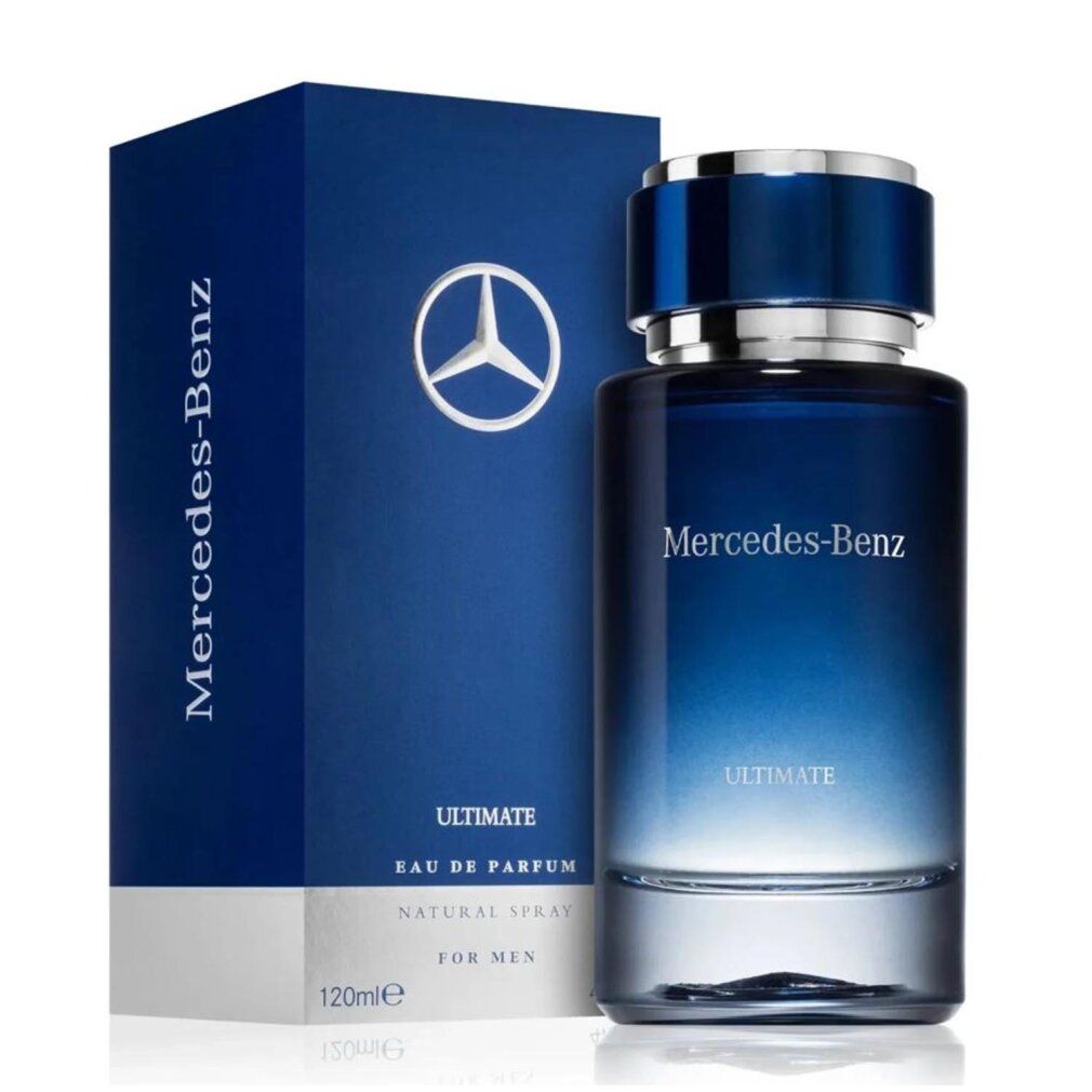 Blau-transparente Flasche und Verpackung. Aufschrift: Mercedes-Benz Ultimate, Eau de Parfum, Natural Spray, For Men, 120ml. Silbernes Logo.