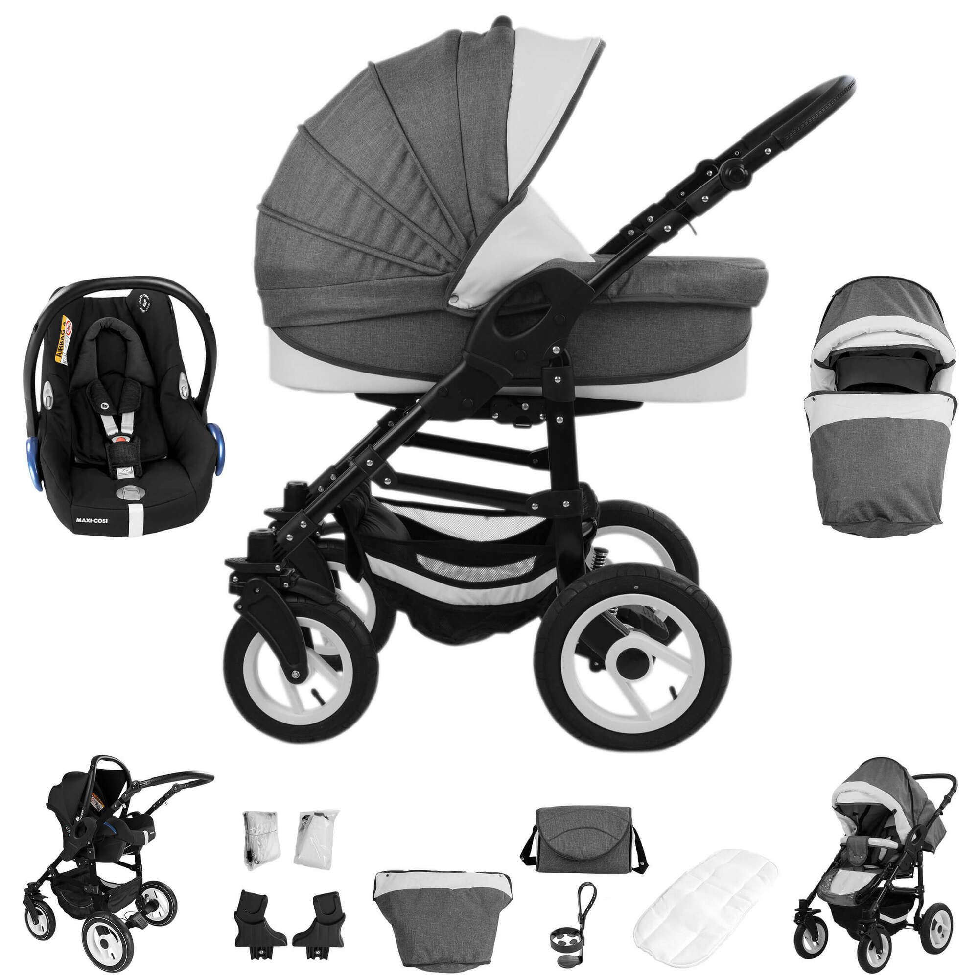 Kinderwagen-Set mit Maxi Cosi, Hartgummireifen. Grau-schwarz. Enthält Babywanne, Sportwagenaufsatz, Babyschale. Zubehör.