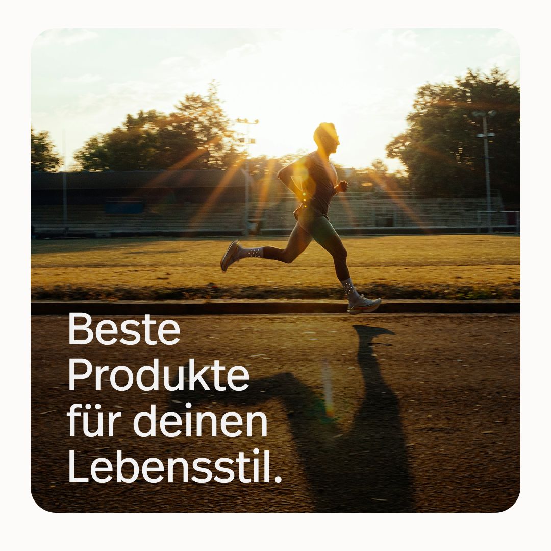 Läufer im Sonnenuntergang. Text: Beste Produkte für deinen Lebensstil.