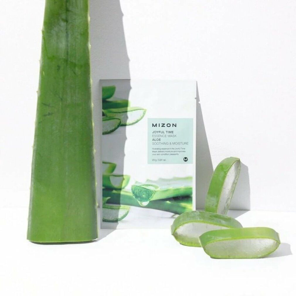 Gesichtsmaske mit Aloe Vera. Verpackung mit Produktnamen und Inhaltsstoffen. Aloe Vera-Scheiben als Dekoration.