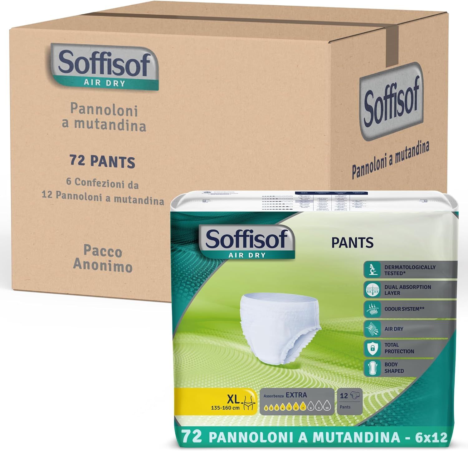Karton mit Soffisof Pants Extra Windelhosen. 72 Stück. Eine Packung mit Pants und eine Box. XL, 135-160 cm. 12 Stück pro Packung.