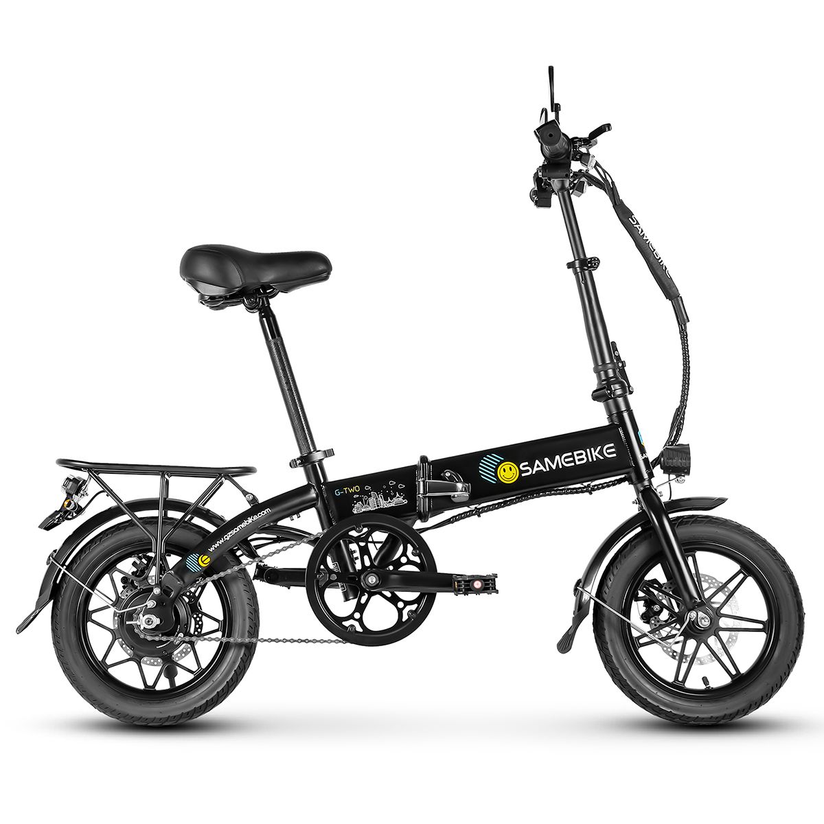 Schwarzes Elektrofahrrad SAMEBIKE YINYU14. Sattel, Gepäckträger, Felgen, Reifen, Pedale und Kette sichtbar.