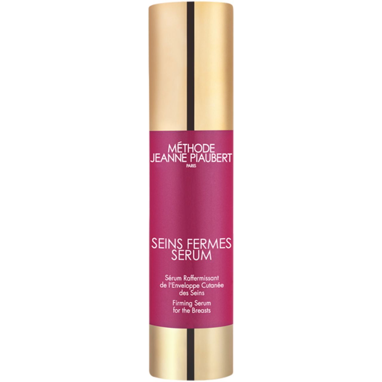 Zylinderförmiges Serum mit goldener Kappe und Aufschrift Seins Fermes S
rum. Rosa Etikett mit Text.