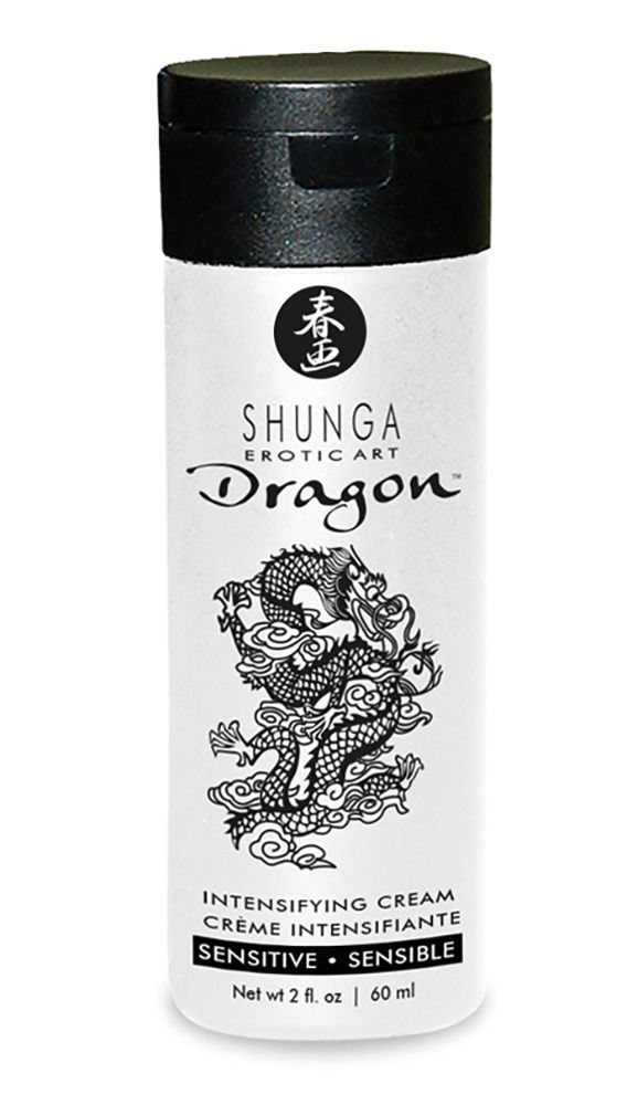 Weiße Tube mit schwarzem Deckel. Aufschrift "Shunga Erotic Art Dragon Intensifying Cream". Drachen-Illustration.