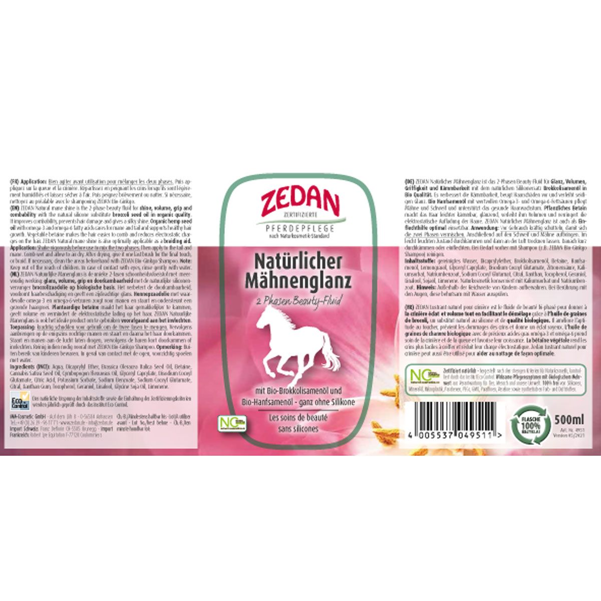 Etikett Zedan Natürlicher Mähnenglanz, 500 ml, mit Pferde-Logo.