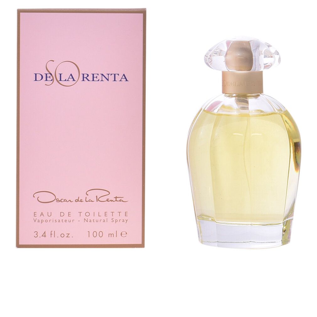 Parfümflasche und rosa Verpackung. Flasche mit transparentem Deckel und goldfarbenem Hals. Verpackung mit Text.