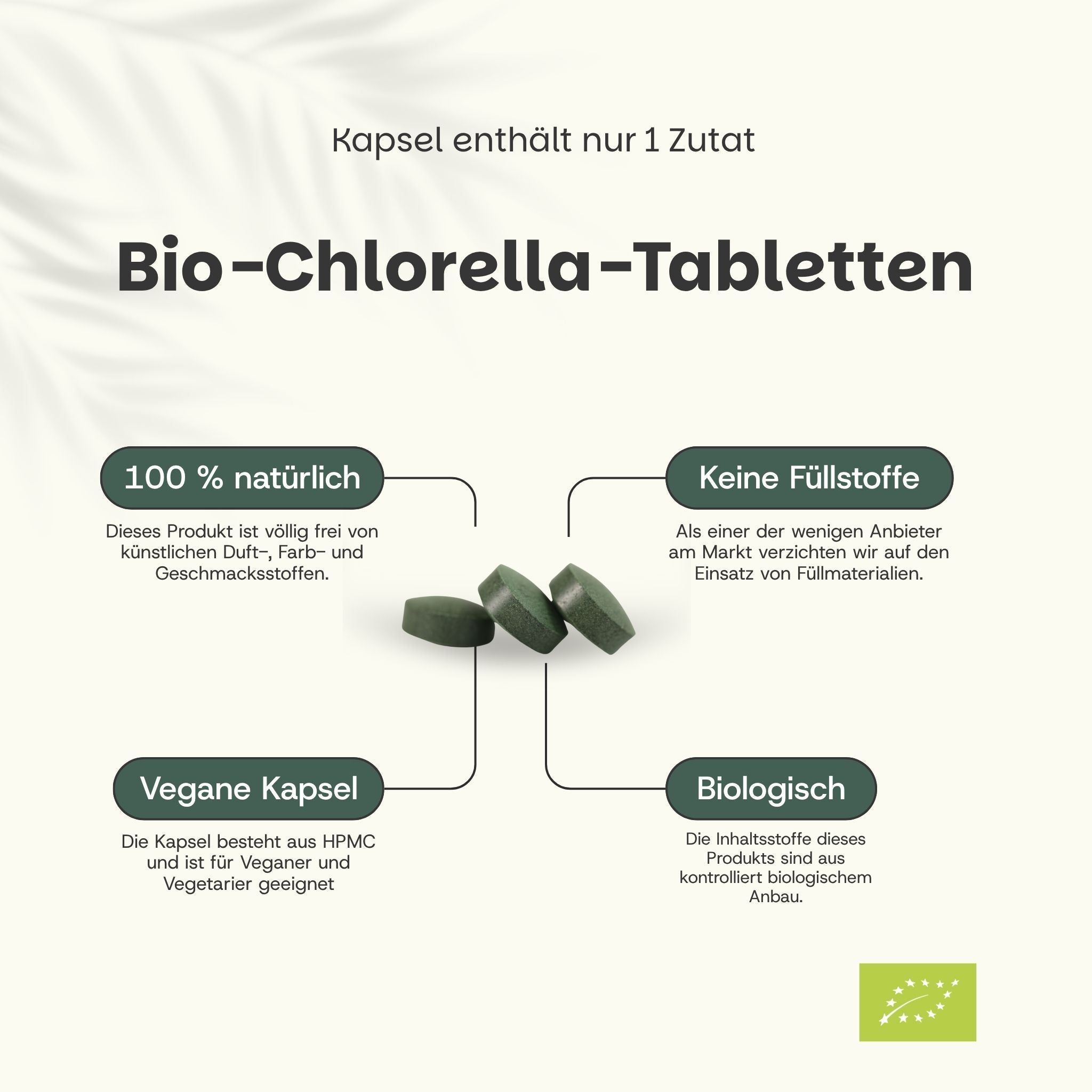 Drei grüne Chlorella-Tabletten mit Text über natürliche, vegane und biologische Inhaltsstoffe.