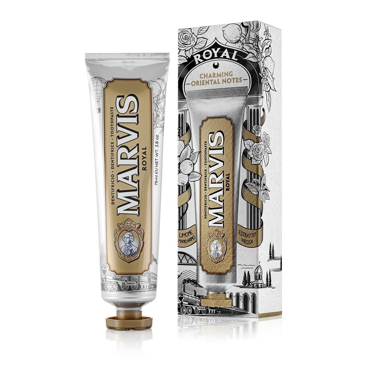 Zahnpasta-Tube und -Verpackung. Tube silberfarben mit goldfarbenem Etikett. Verpackung mit floralen Illustrationen.