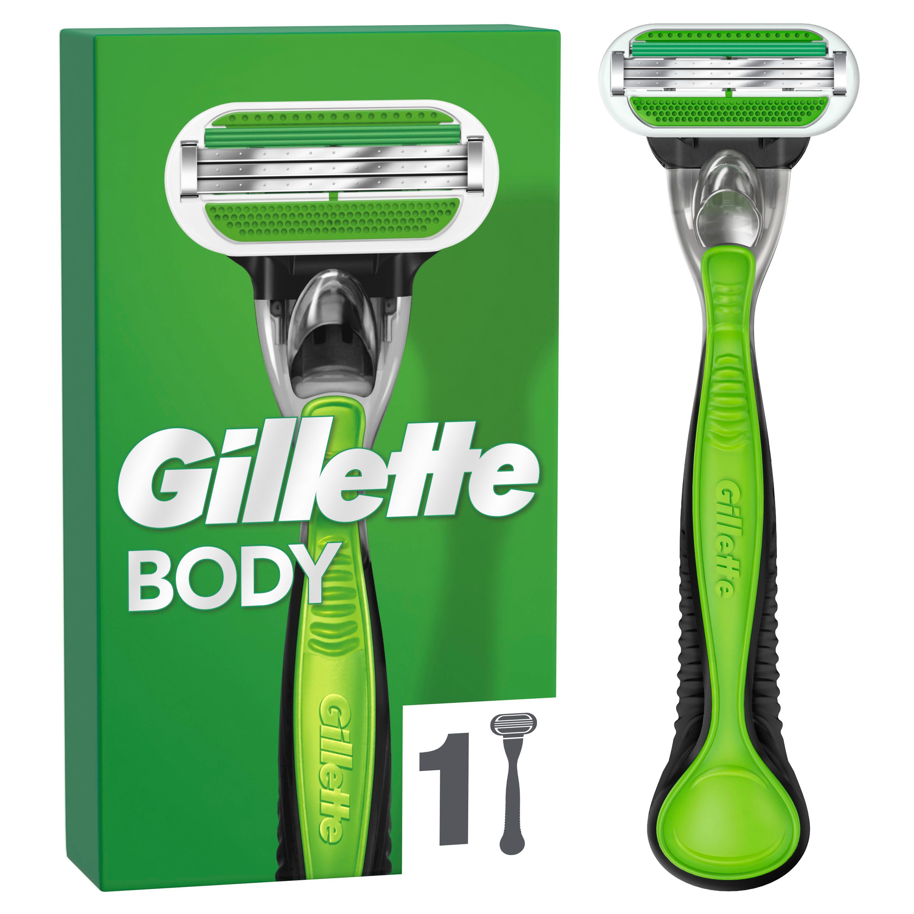 Gillette Body Rasierer mit grüner Griff und Klingen. Verpackung und Rasierer nebeneinander. 1 Ersatzklinge.
