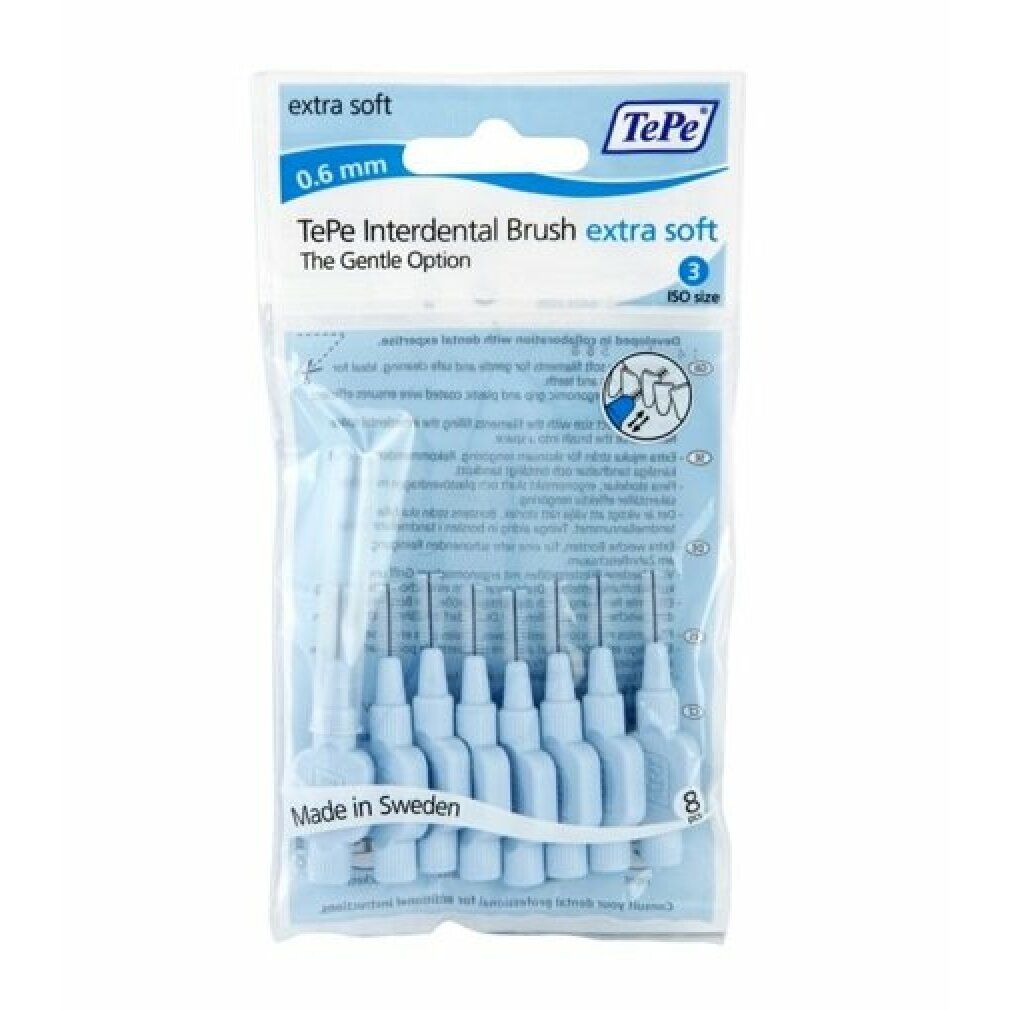 Verpackung mit blauen TePe Interdentalbürsten. Extra Soft, 0,6 mm, 8 Stück. Aufschrift: The Gentle Option.