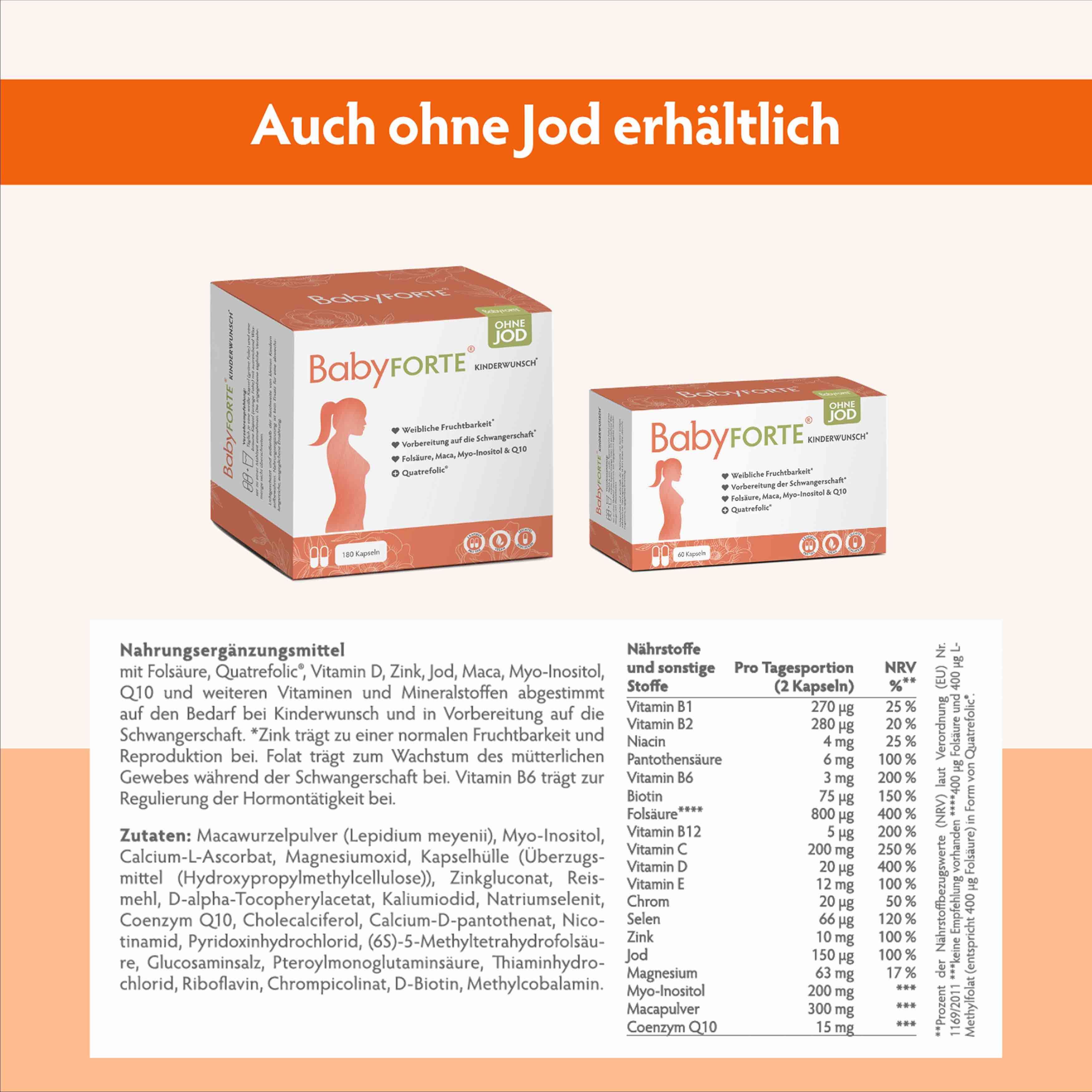 Zwei Produktboxen, eine groß, eine klein. Text: BabyFORTE®, Inhaltsstoffe, Nährwertangaben. Ohne Jod erhältlich.