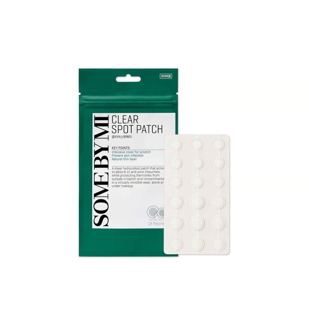 SOMEBYMI Clear Spot Patch Verpackung mit einem herausgenommenen Blatt mit 18 transparenten Hydrokolloid-Pflastern.