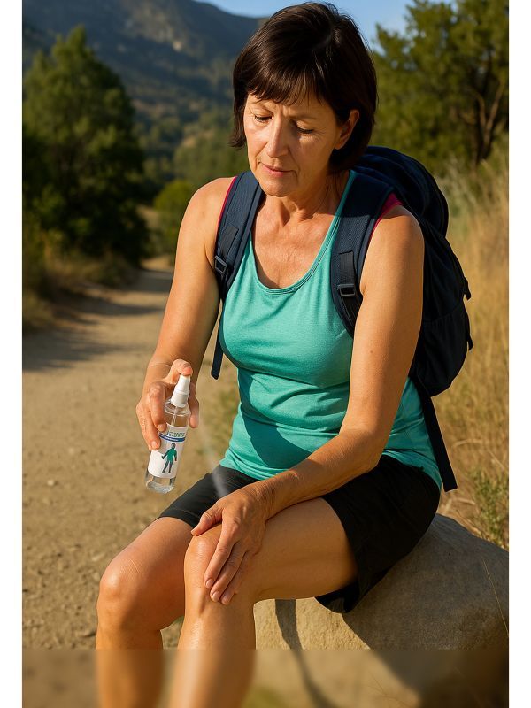 Frau sprüht Spray auf ihr Knie. Sie sitzt auf einem Stein im Freien. Sprayflasche mit Etikett.