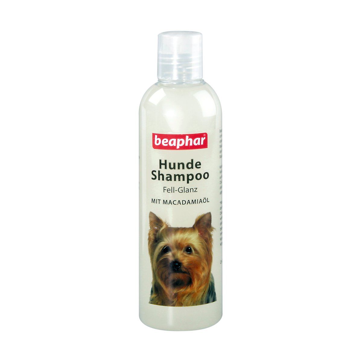 Hundeshampoo-Flasche mit weißem Hintergrund. Aufschrift: Beaphar Hunde Shampoo Fell-Glanz mit Macadamiaöl. Abbildung eines Hundes.